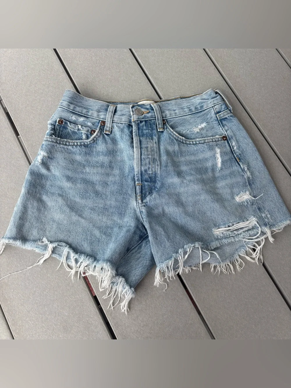 Agolde Parker Long Light Blue Distressed Cutoff Denim Shorts size 24